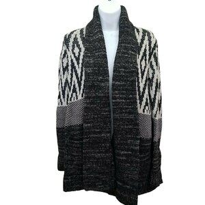 Lucky Brand M STARGAZER Open Cardigan Knit Ikat Marled Herringbone Black Gray